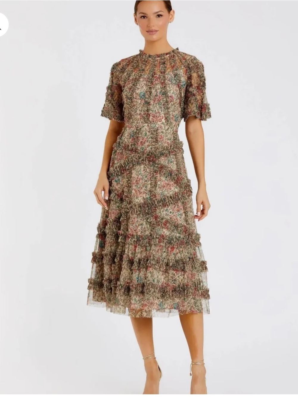 Mac Duggal Illusion Floral Midi Dress with Ruffle Detailing